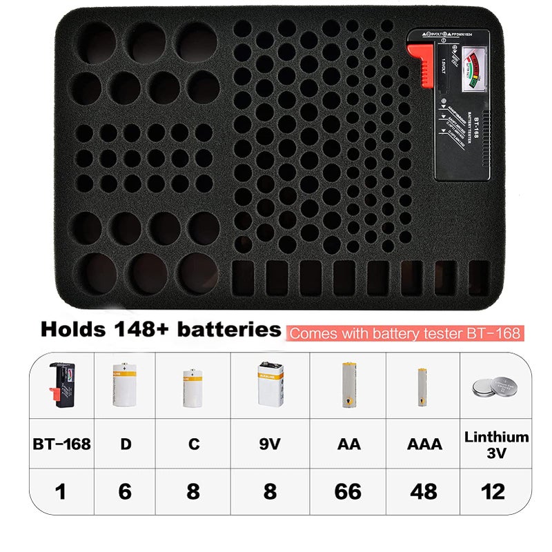 Comecase صندوق تخزين منظم بطاريات Comecase الصلب، حقيبة حمل - يحمل 148 بطارية AA AAA C D 9V - مع جهاز اختبار البطارية BT-168 (البطاريات غير مشمولة) - Image 5